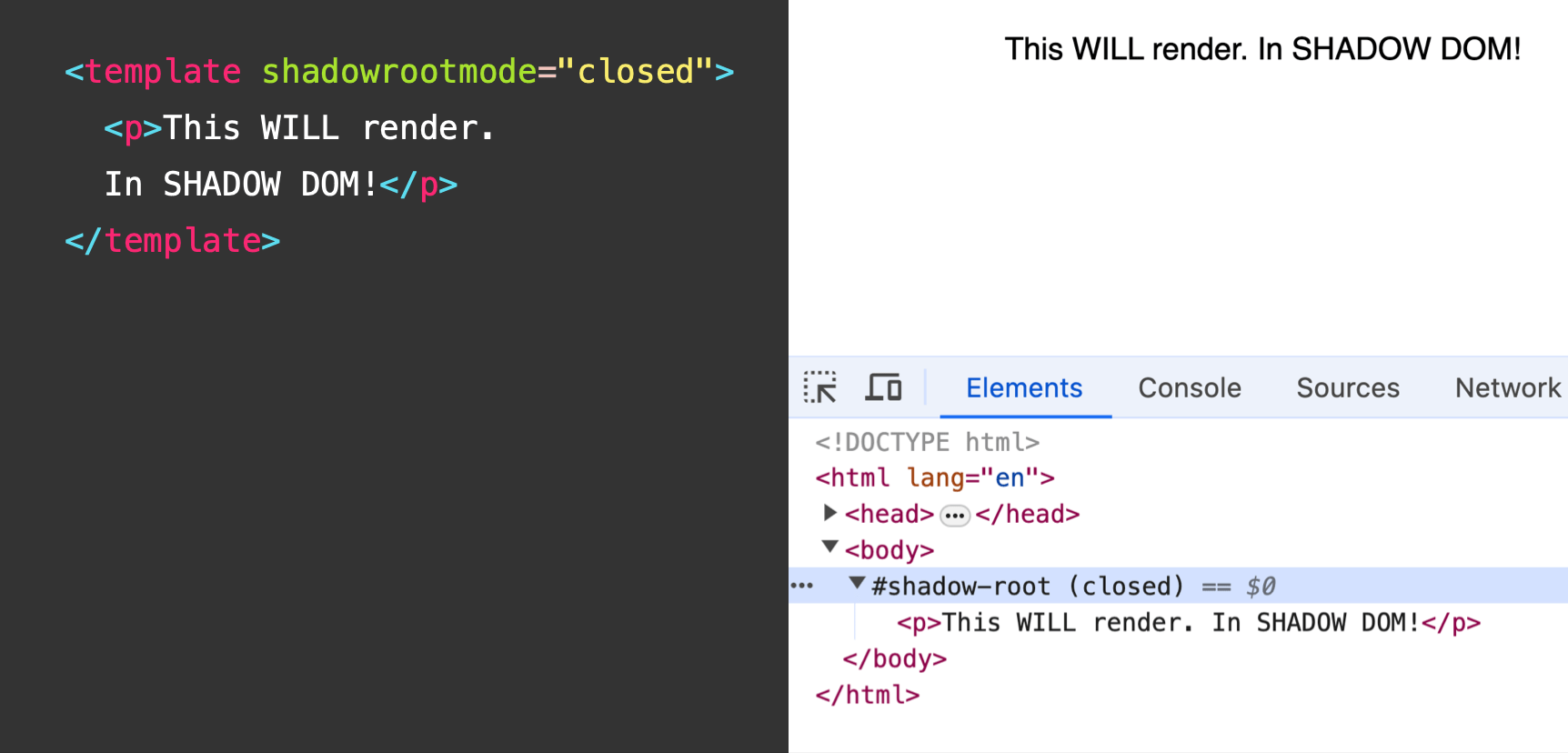 A template revealed in the DevTools Elements inspector based on the last code example.